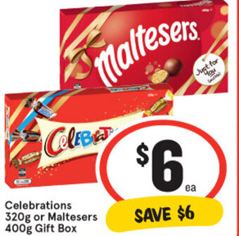 IGA Celebrations 320g or maltesers 400g gift box offer