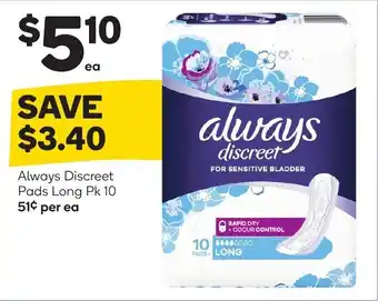 Woolworths Always discreet pads long Pk 10 offer