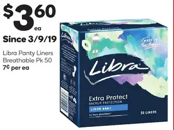 Woolworths Libra panty liners breathable Pk 50 offer