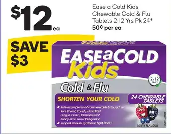 Woolworths Ease a cold kids chewable cold & flu tablets 2-12 yrs Pk 24 offer