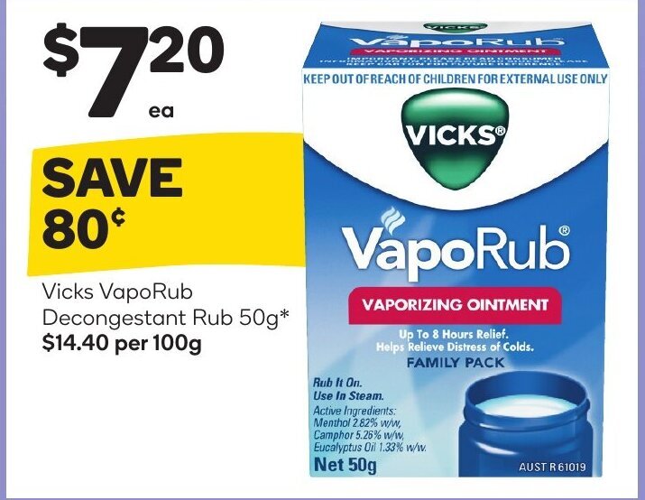 Vicks vaporub decongestant rub 50g offer at Woolworths