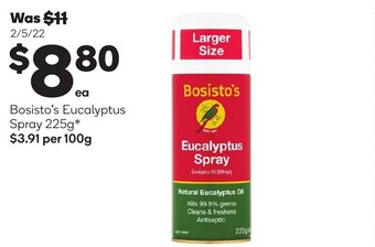 Woolworths Bosisto's eucalyptus spray 225g offer