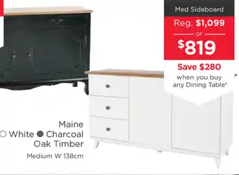 Maine - White or Charcoal Oak Timber Med Sideboard 138cm
