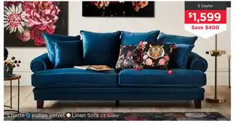 Early Settler Lisette - Indigo Velvet or Linen Sofa 3 Seater offer