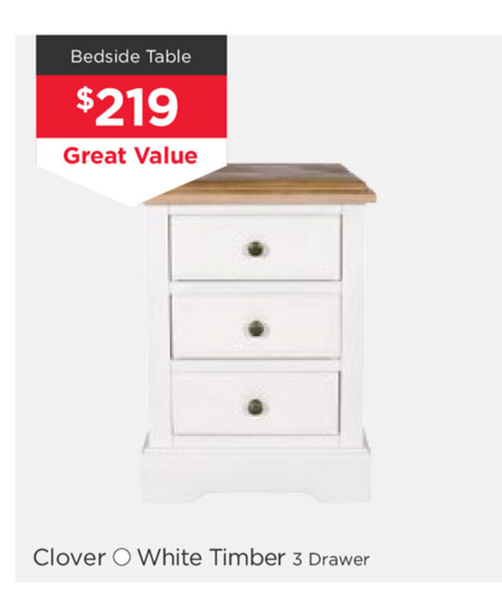 Clover White Timber 3 Drawer Bedside Table offer at Early Settler