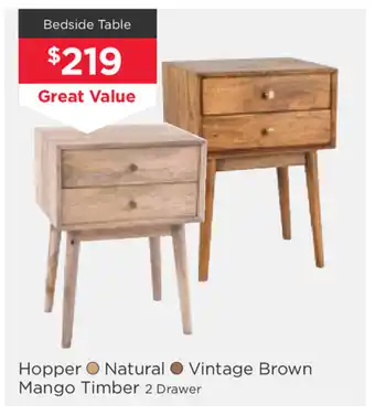 Early Settler Hopper - Natural or Vintage Brown Mango Timber 2 Drawer Bedside Table offer