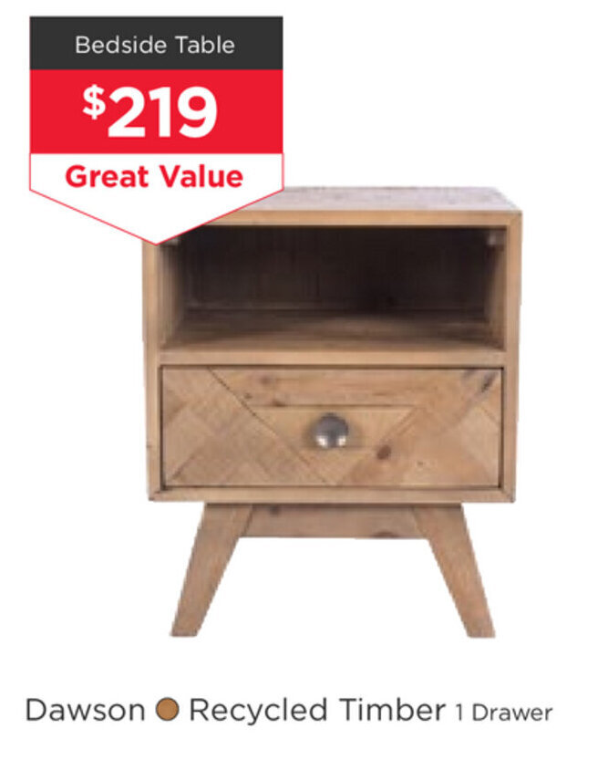 Dawson Recycled Timber 1 Drawer Bedside Table offer at Early Settler