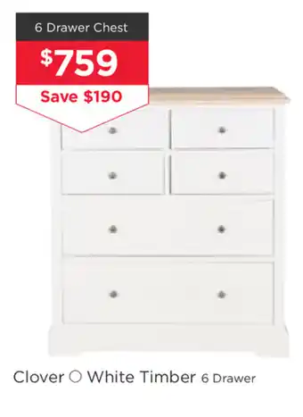 Clover - White Timber 6 Drawer Chest