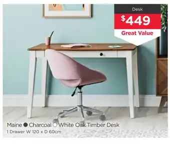Early Settler Maine - Charcoal or White Oak Timber Desk 1 Drawer offer