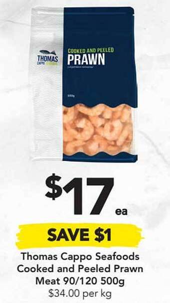 Drakes Thomas Cappo Seafoods Cooked And Peeled Prawn Meat 90-120 500g offer
