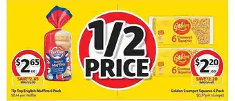 Coles Tip Top English Muffins 6 Pack Or Golden Crumpet Squares 6 Pack offer