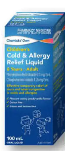 Alliance Pharmacy Chemists' Own Children's Cold & Allergy Mixture 6 Years - Adult 100mL offer