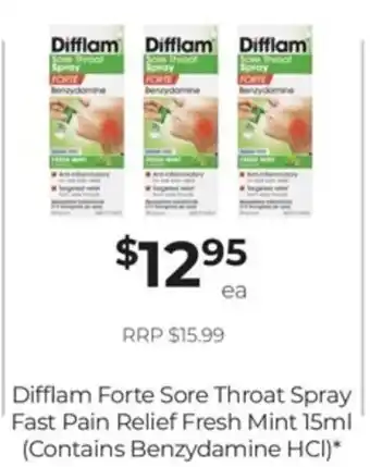 Difflam Forte Sore Throat Spray Fast Pain Relief Fresh Mint 15ml