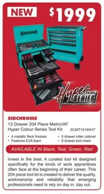 United Tools Sidchrome 13 Drawer 204 Piece Metric/AF Hyper Colour Series Tool Kit SCMT10160HT offer
