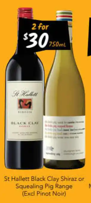 Cellarbrations 2 for 30,00 750ml St Hallett Black Clay Shiraz or Squealing Pig Range (Excl Pinot Noir) offer