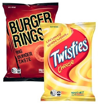 Coles Twisties, Burger Rings or Cheetos Snacks 80g-90g offer