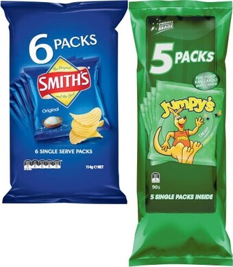 Coles Smith’s Chips 6 Pack 114g or Jumpy’s Snacks 5 Pack 90g offer
