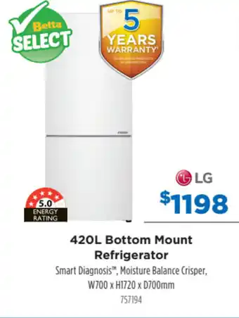 Betta LG 420L Bottom Mount Refrigerator 757194 offer