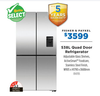 Betta Fisher & Paykel 538L Quad Door Refrigerator offer