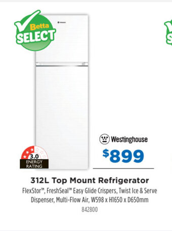 Betta Westinghouse 312L Top Mount Refrigerator offer