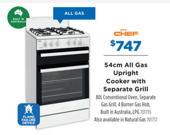 Chef 54cm All Gas Upright Cooker with Separate Grill