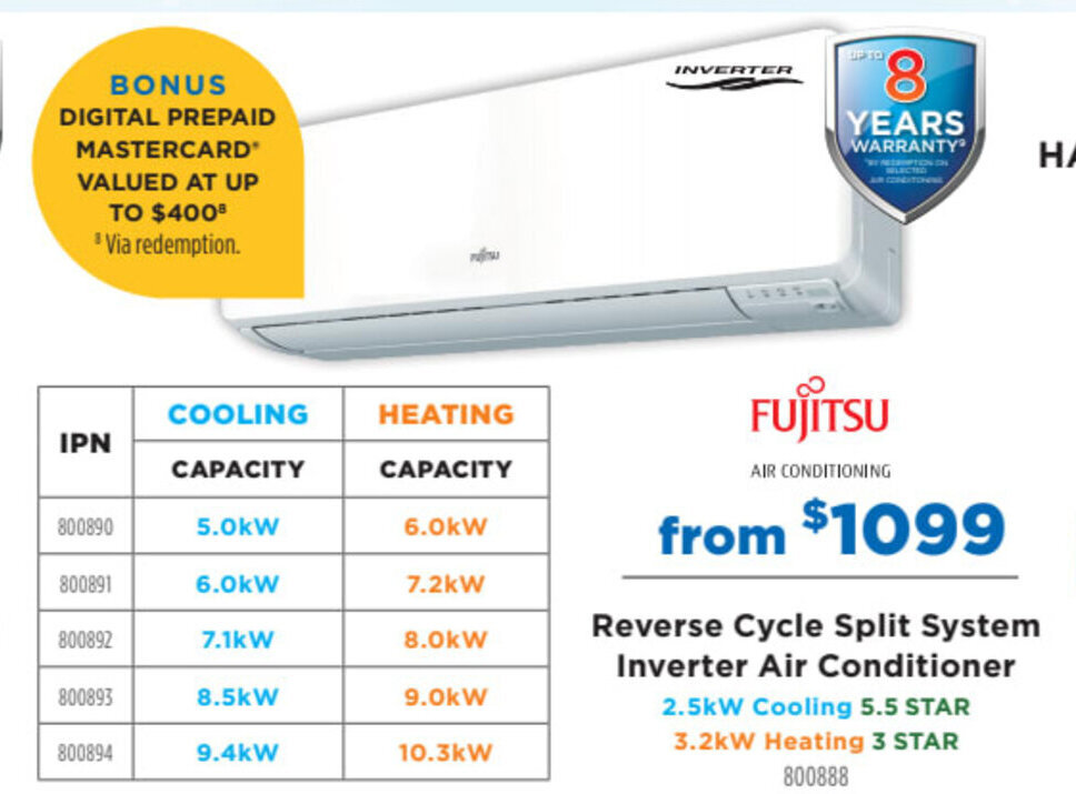 Fujitsu Reverse Cycle Split System Inverter Air Conditioner offer at Betta