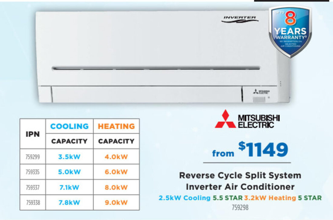 Mitsubishi electric Reverse Cycle Split System Inverter Air Conditioner