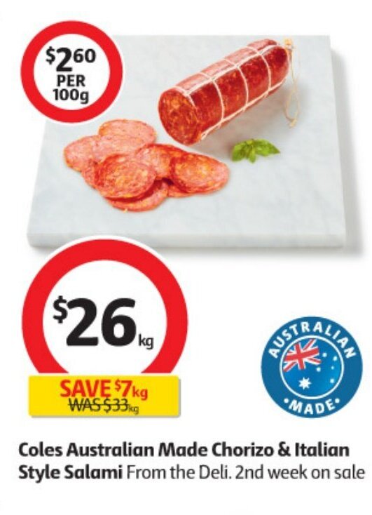 Australian Made Chorizo & Italian Style Salami offer at Coles