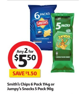 Coles Smith's Chips 6 Pack 114g or Jumpy's Snacks 5 Pack 90g offer