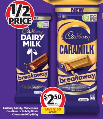 Coles Cadbury Family, Marvellous Creations or Bubbly Block Chocolate 160g-190g offer