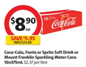Coles Coca-Cola, Fanta or Sprite Soft Drink or Mount Franklin Sparkling Water Cans 10x375mL offer