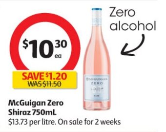 Coles McGuigan Zero Shiraz 750mL offer
