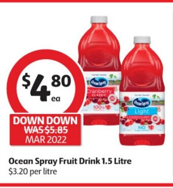 Coles Ocean Spray Fruit Drink 1.5 Litre offer