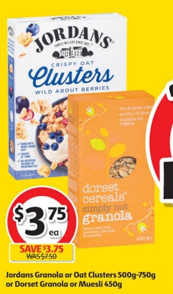 Coles Jordans Granola or Oat Clusters 500g-750g or Dorset Granola or Muesli 450g offer