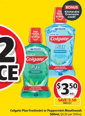 Coles Colgate Plax Freshmint or Peppermint Mouthwash 500mL offer