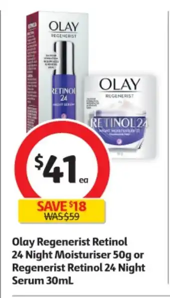Coles Olay Regenerist Retinol 24 Night Moistureser 50g or Regenerist Retinol 24 Night Serum 30mL offer