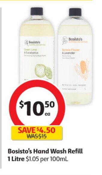 Coles Bosisto's Hand Wash Refill 1 Litre offer