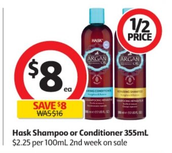 Coles Hask Shampoo or Conditioner 355mL offer