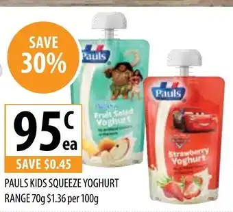Supabarn Pauls Kids Squeeze Yoghurt Range 70g 1,36 per 100g offer
