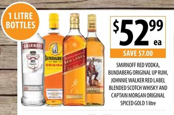 Supabarn Smirnoff Red Vodka, Bundaberg Original Up Rum, Johnnie Walker Red Label Blended Scotch Whisky and Captain Morgan Original offer