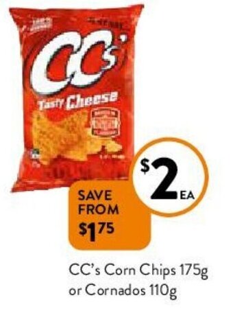 Foodworks CC's Corn Chips 175g or Cornados 110g offer