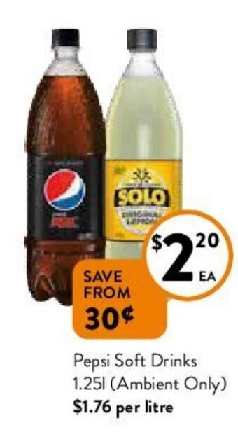 Foodworks Pepsi Soft Drinks 1.25l (Ambient Only) offer