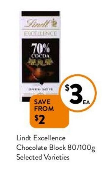 Foodworks Lindt Excellence Chocolate Block 80/100g Selected Varieties offer