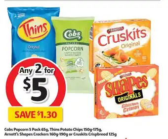 Coles Cobs Popcorn 5 Pack 65g, Thins Potato Chips 150g-175g, Arnott's Shapes Crackers 160g-190g Or Cruskits Crispbread 125g offer