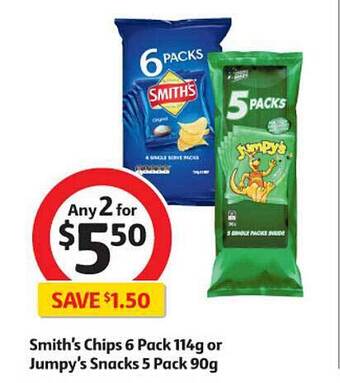 Coles Smith's Chips 6 Pack 114g Or Jumpy's Snacks 5 Pack 90g offer