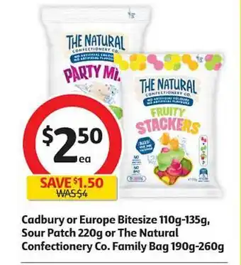 Coles Cadbury Or Europe Bitesize 110g-135g, Sour Patch 220g Or The Natural Confectionery Co. Family Bag 190g-260g offer
