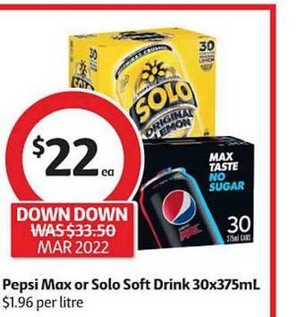 Coles Pepsi Max Or Solo Soft Drink 30x375mL offer