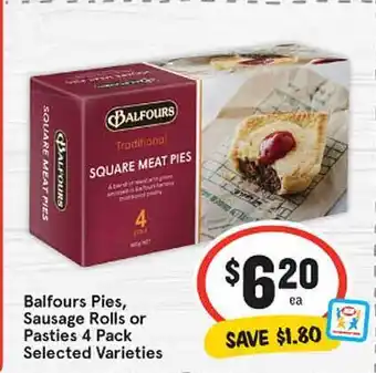 IGA Balfours Pies, Sausage Rolls Or Pasties 4 Pack offer