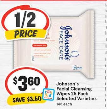 IGA Johnson's Facial Cleansing Wipes 25 Pack offer
