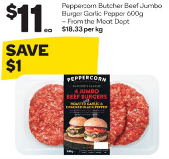 Woolworths Peppercorn Butcher Beef Jumbo Burger Garlic Pepper 600g - From the Meat Dept offer